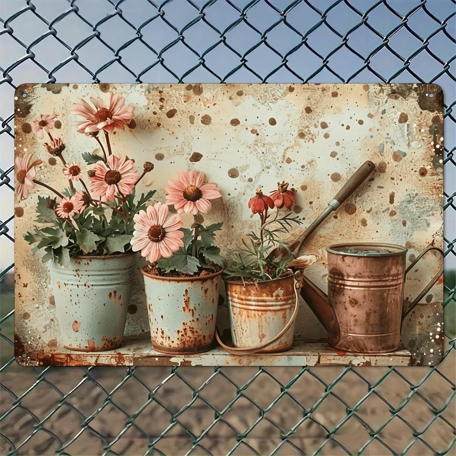 Watering Can - Secchielli arrugginiti con fiori rosa e